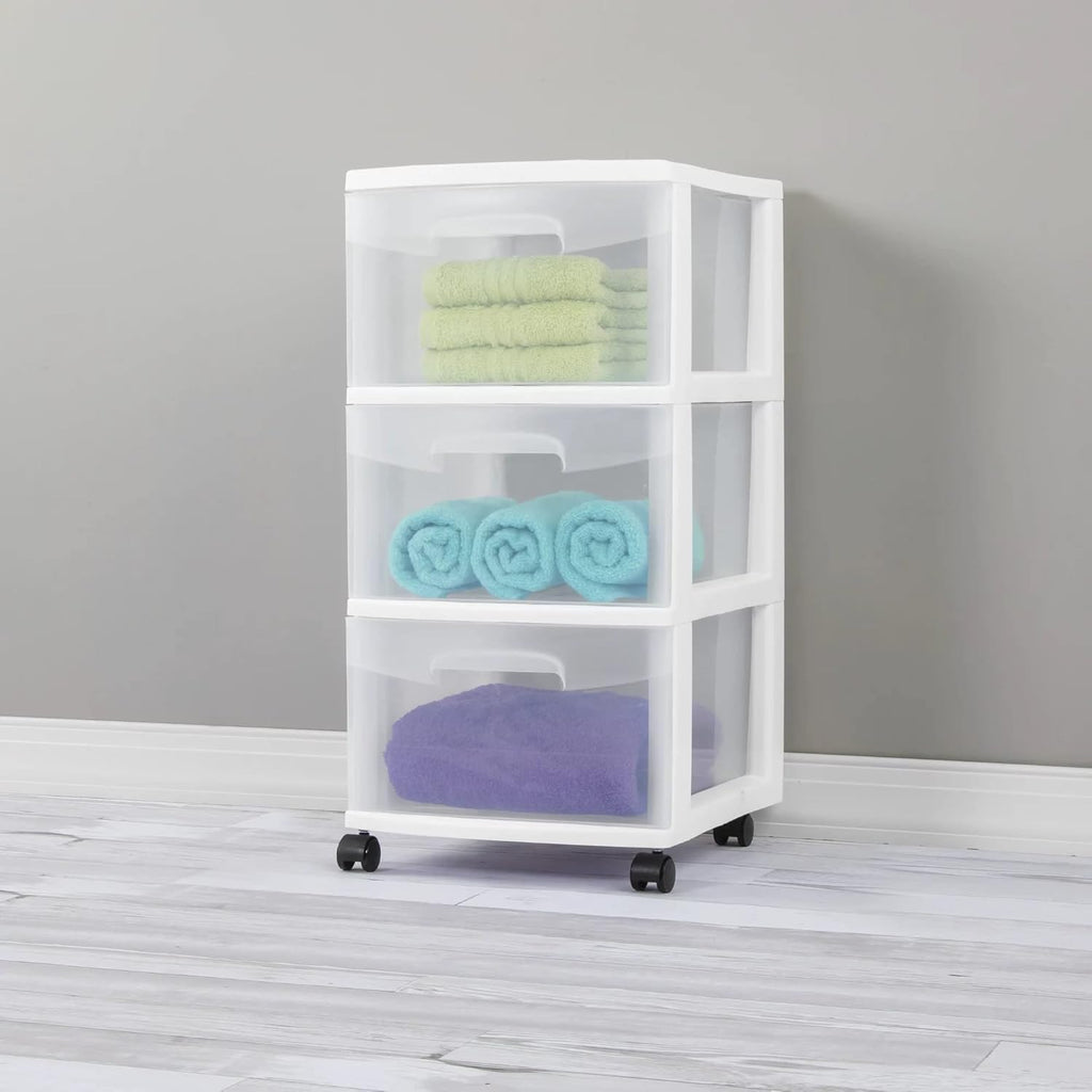 Plastic Storage Drawer Cart with 3 Drawers and Wheels, White H497099