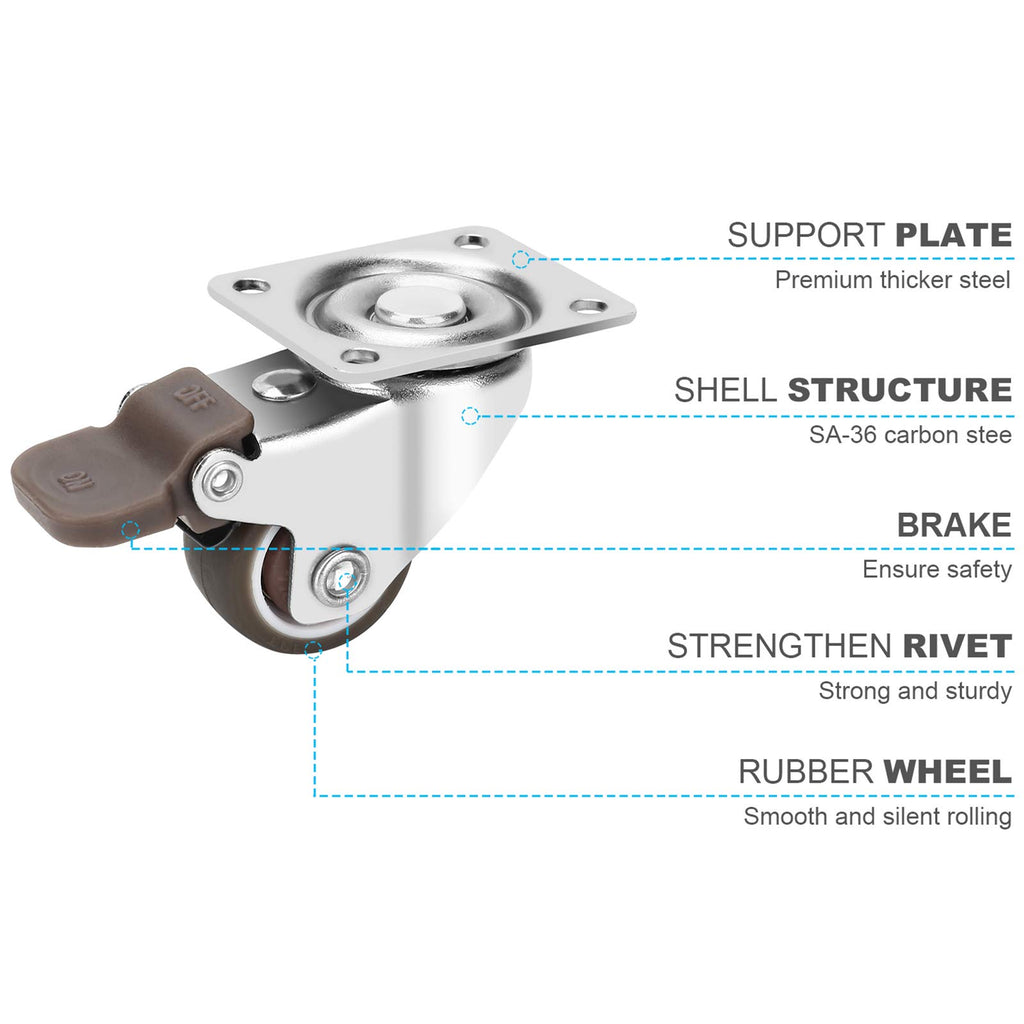 1 Inch TPE Rubber Swivel Caster Wheels Set of 4 with Brakes G11924