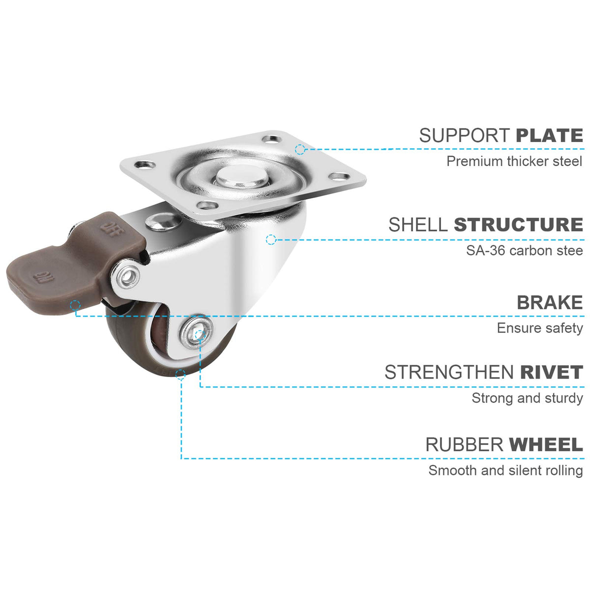 1 Inch TPE Rubber Swivel Caster Wheels Set of 4 with Brakes G11924