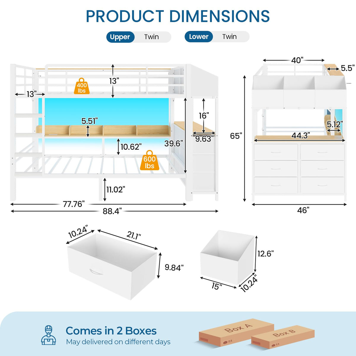 Twin Over Twin Bunk Bed with 6 Storage Drawers, Shelves, LED Lights and Ladder P509