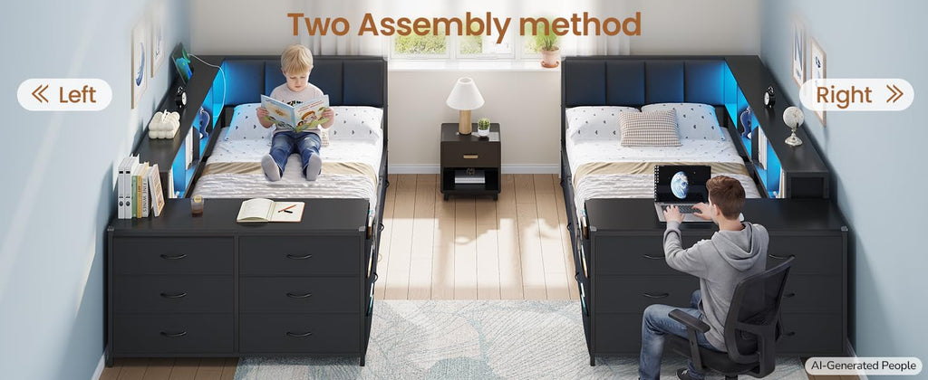 Twin Corner Bed with 6 Storage Dressers, 3 Drawers & Bookcase, Charging Station and LED Light, Desk, Upholstered Headboard, Black M9753