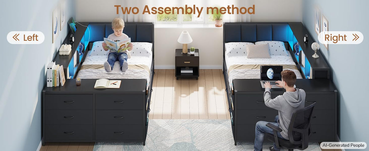 Twin Corner Bed with 6 Storage Dressers, 3 Drawers & Bookcase, Charging Station and LED Light, Desk, Upholstered Headboard, Black M9753
