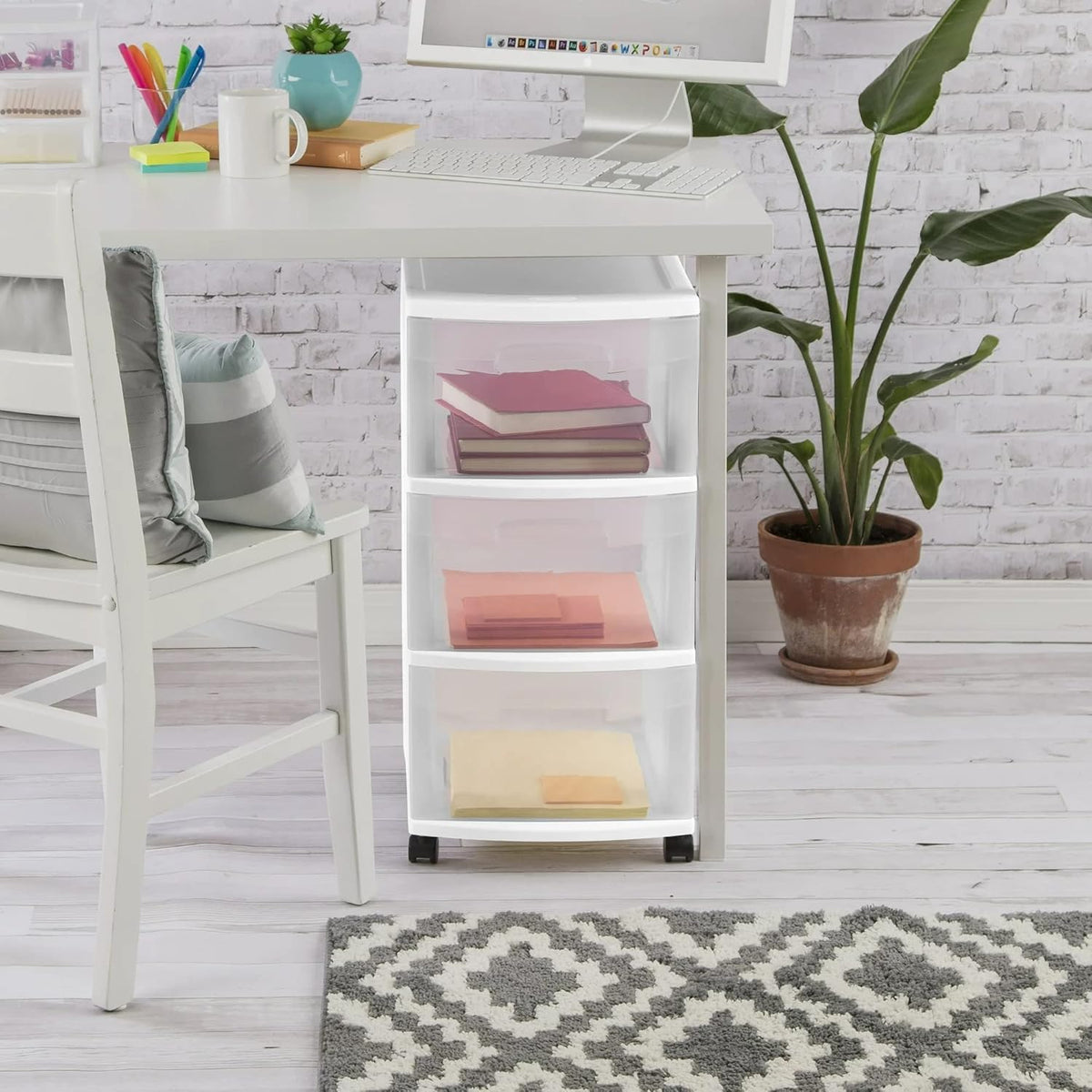 Plastic Storage Drawer Cart with 3 Drawers and Wheels, White H497099