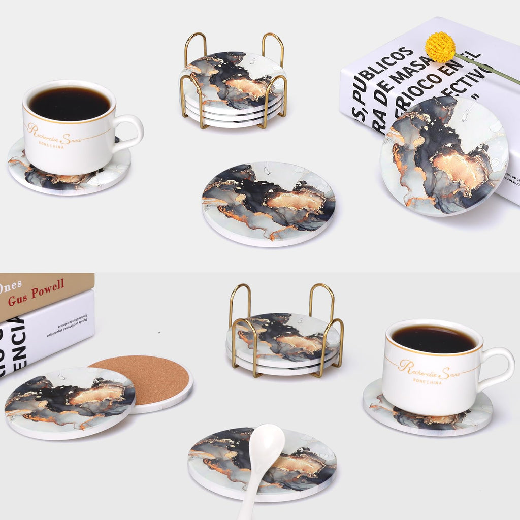 Black Marble Abstract Ceramic Coasters with Holder N791