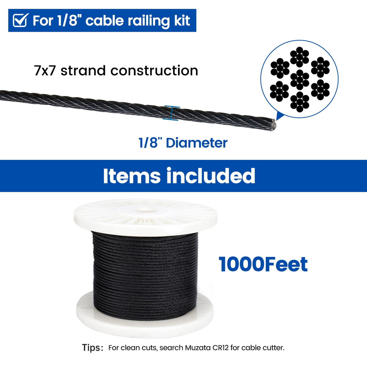 1/8" Black T316 Stainless Steel Cable Railing Wire Rope B348310