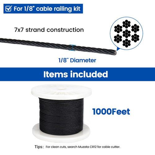 1/8" Black T316 Stainless Steel Cable Railing Wire Rope B348310