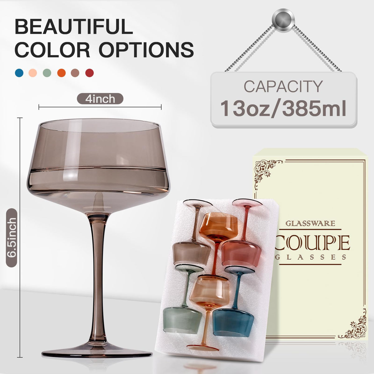 Colored Coupe Glasses Set of 6, Hand Blown 13Oz M882
