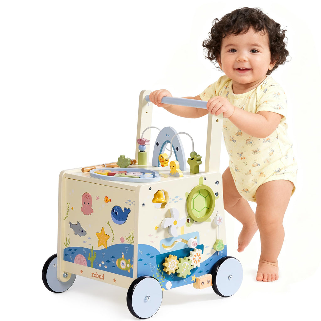 Wooden Baby Walker Push Toy with Fishing Game, Music, Storage O369