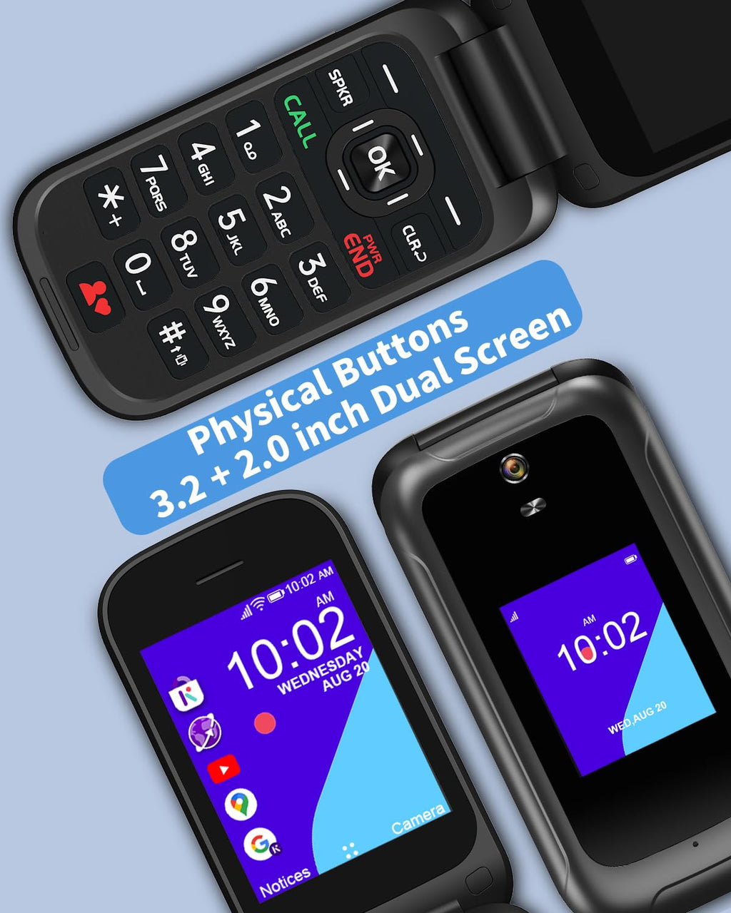 4G Flip Phone Unlocked Dual Screen Basic Phone Black I305