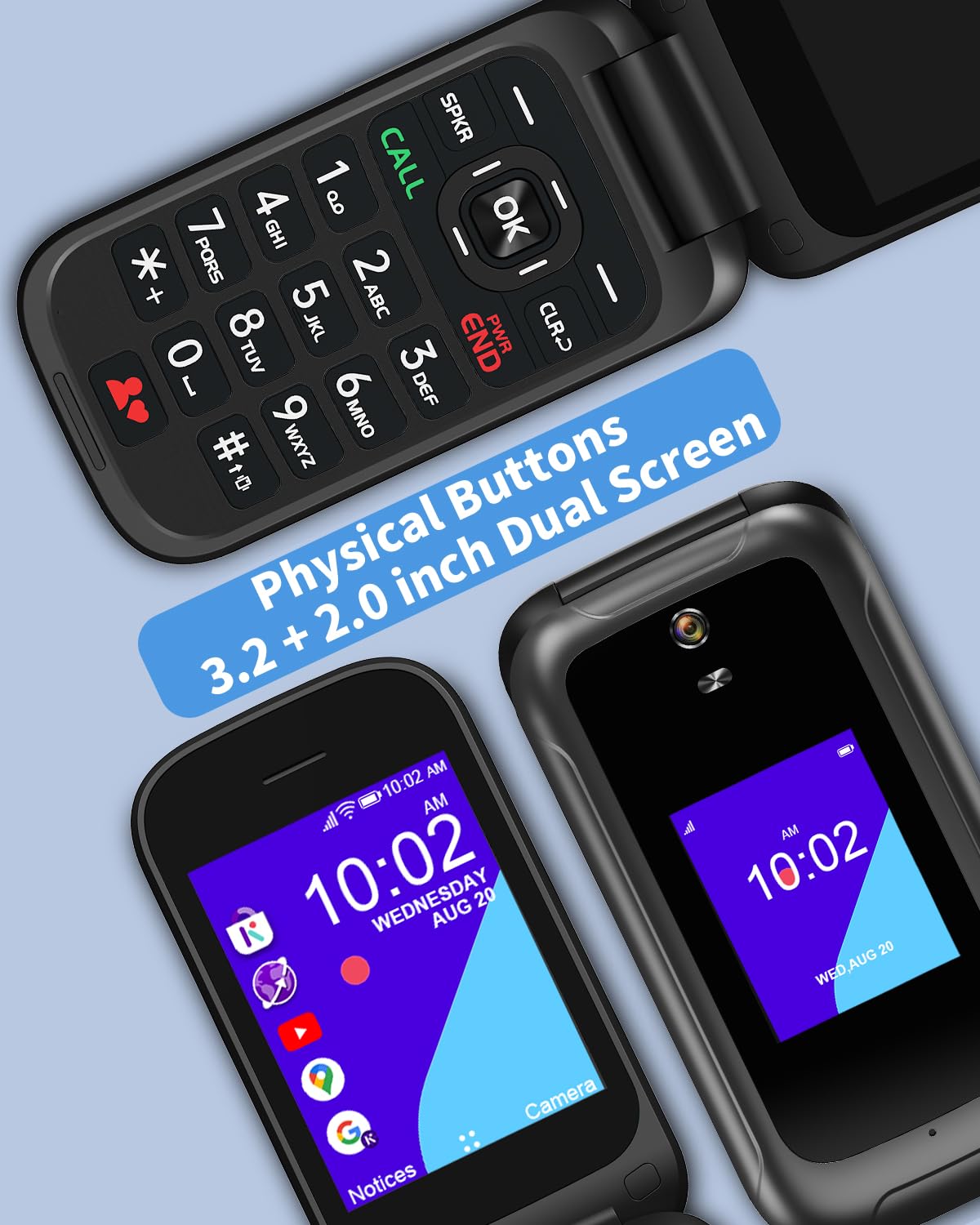 4G Flip Phone Unlocked Dual Screen Basic Phone Black I305