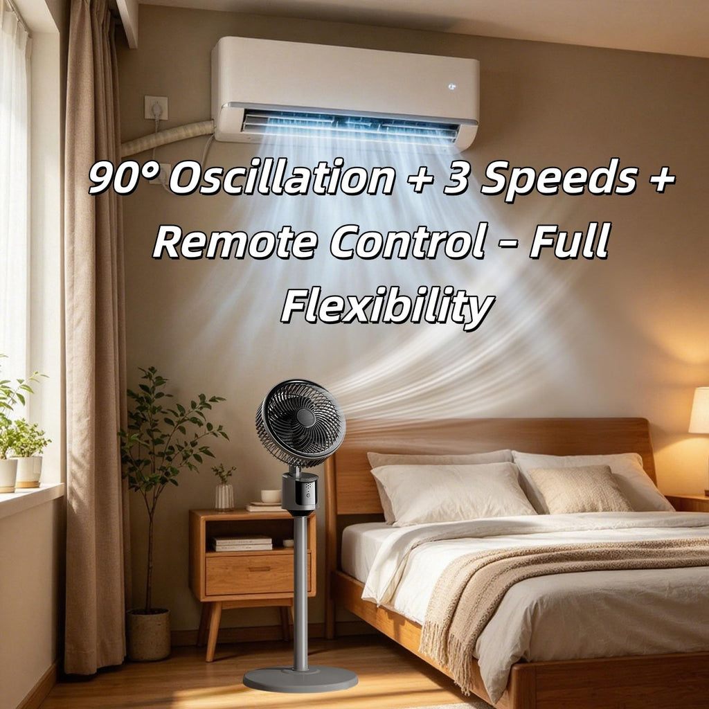 Standing Fan with Remote, 90° Oscillating, 3 Speeds, Adjustable Height, Gray C340139