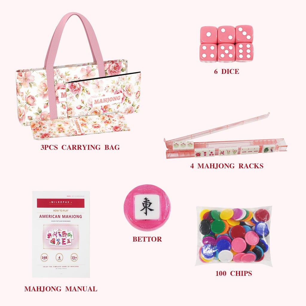1.2” American Mahjong Set 168 Pink Floral Melamine Tiles Q4234