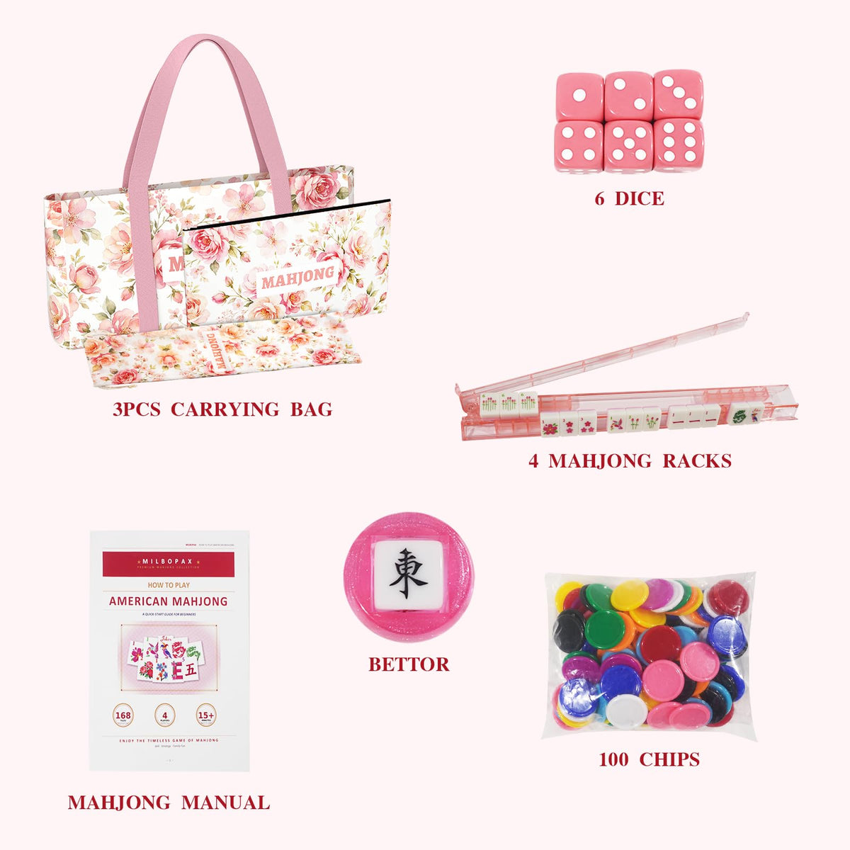 1.2” American Mahjong Set 168 Pink Floral Melamine Tiles Q4234