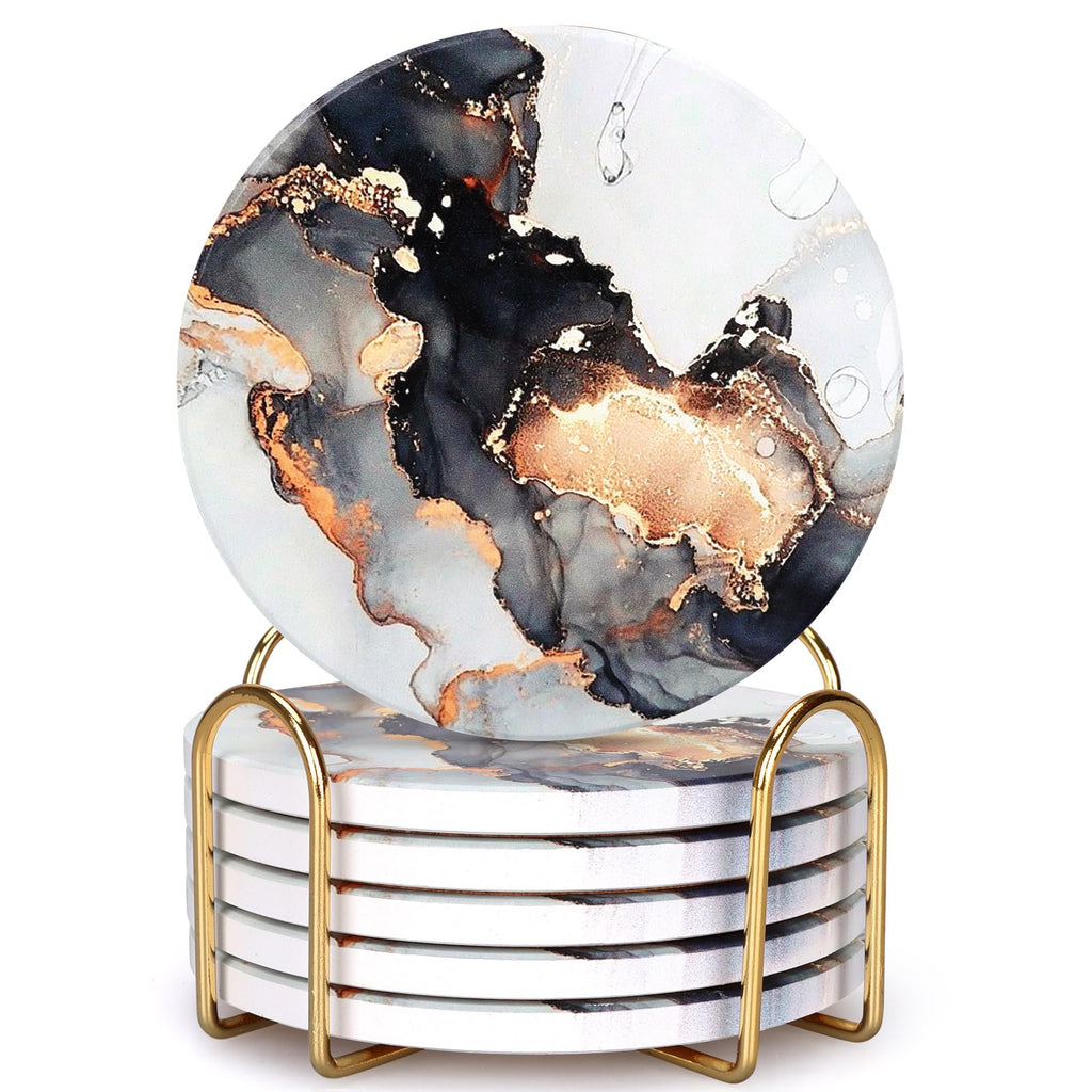 Black Marble Abstract Ceramic Coasters with Holder N791