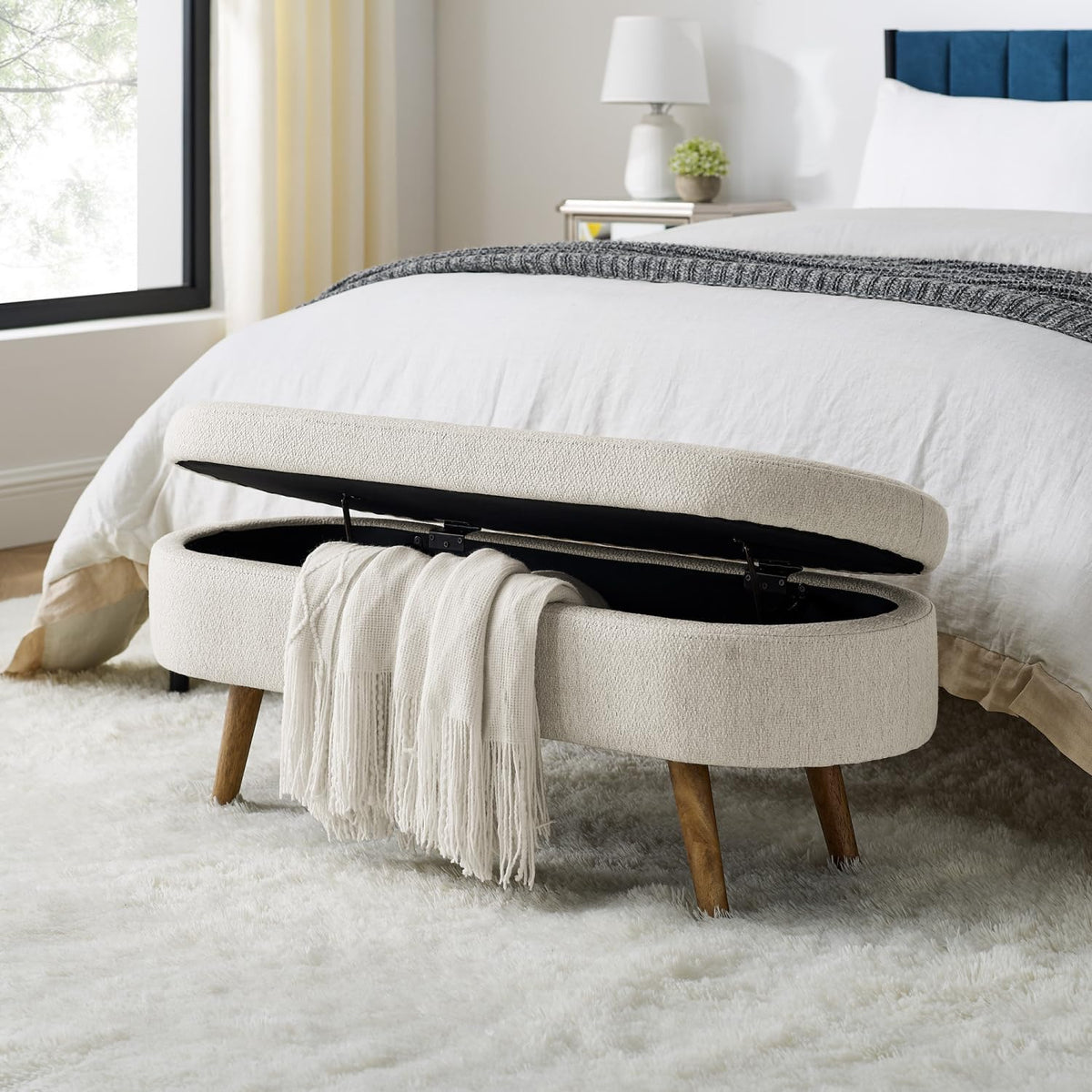 Beige Oval Storage Ottoman Bench with Rubber Wood Legs C275702
