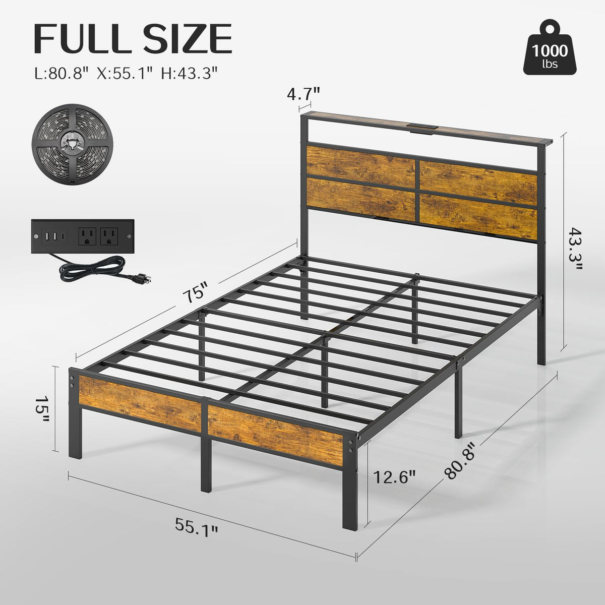 Full Size Platform Bed Frame with Charging Station Headboard and LED Lights N560589