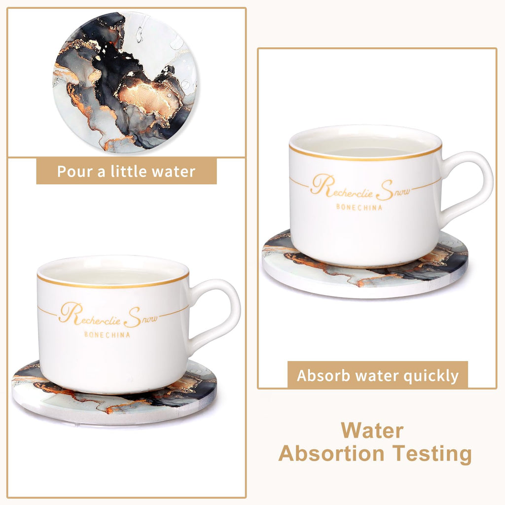 Black Marble Abstract Ceramic Coasters with Holder N791