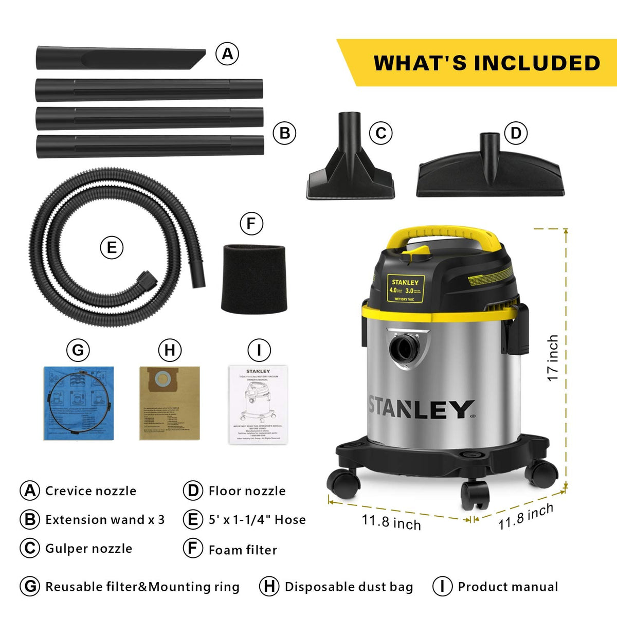 3 Gallon Stainless Steel Wet Dry Shop Vacuum Q4273