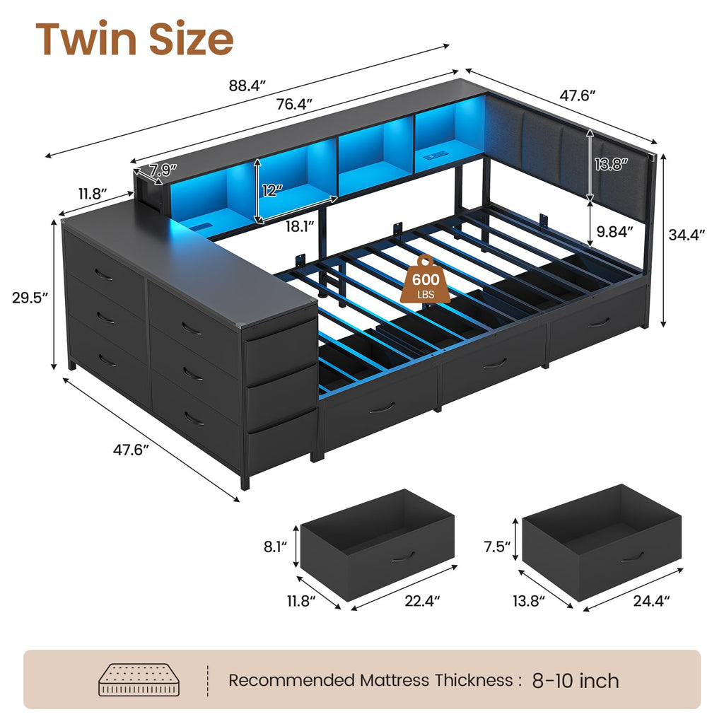 Twin Corner Bed with 6 Storage Dressers, 3 Drawers & Bookcase, Charging Station and LED Light, Desk, Upholstered Headboard, Black M9753