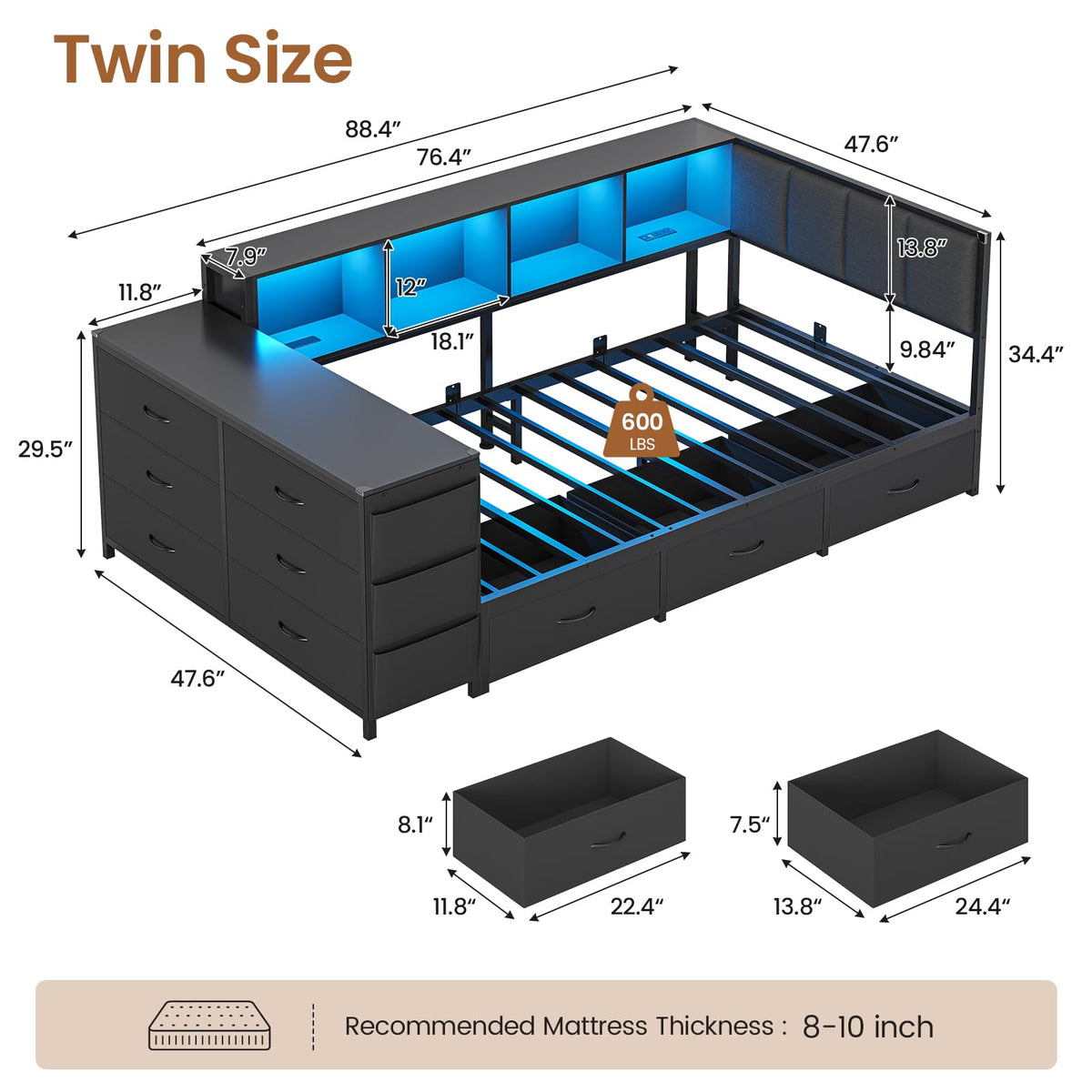 Twin Corner Bed with 6 Storage Dressers, 3 Drawers & Bookcase, Charging Station and LED Light, Desk, Upholstered Headboard, Black M9753