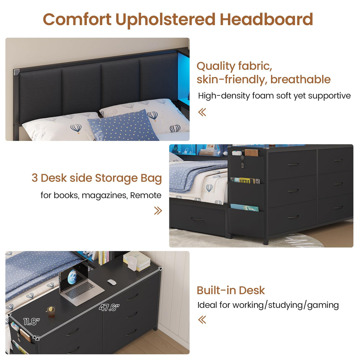 Twin Corner Bed with 6 Storage Dressers, 3 Drawers & Bookcase, Charging Station and LED Light, Desk, Upholstered Headboard, Black M9753