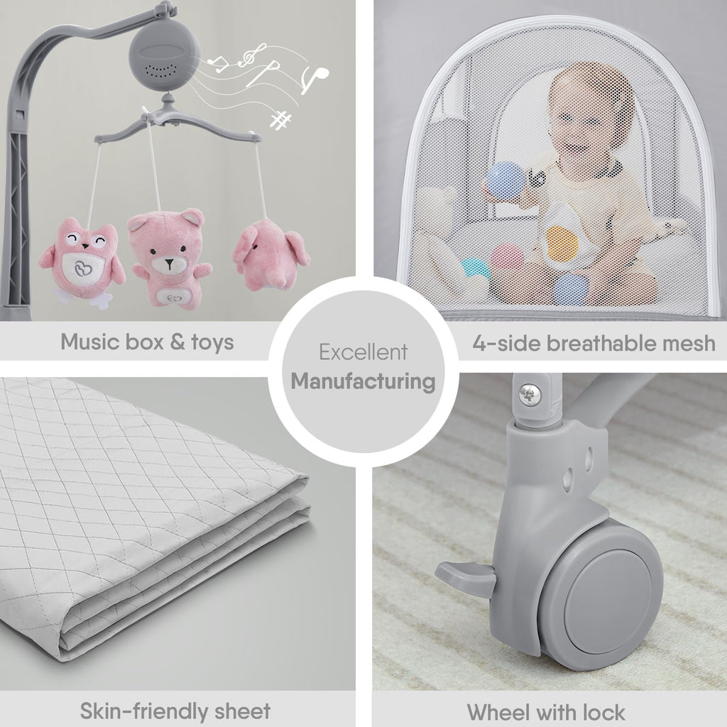 Pink Baby Bassinet Bedside Crib with Mattress M7282