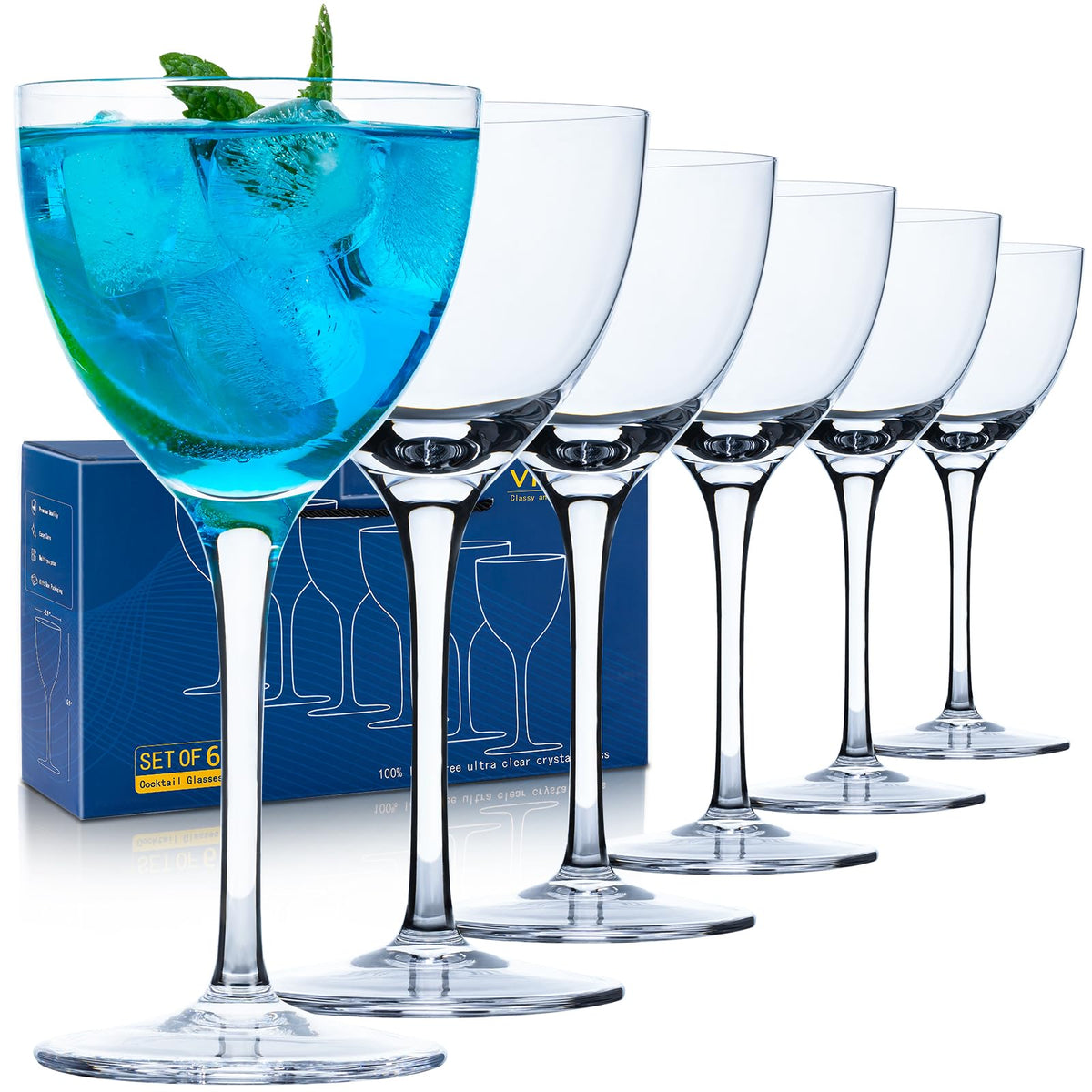 6oz Hand Blown Lead-Free Crystal Martini Glasses Set of 6 E32562