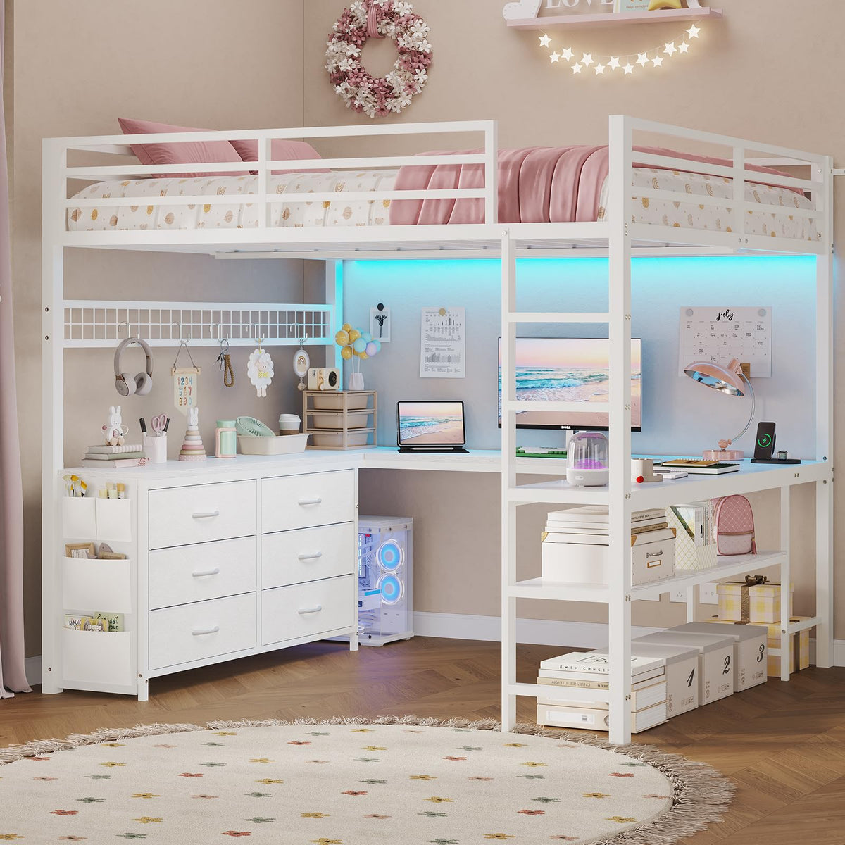 Full Size Loft Bed with U-Shaped Desk and 6 Storage Drawers K129723