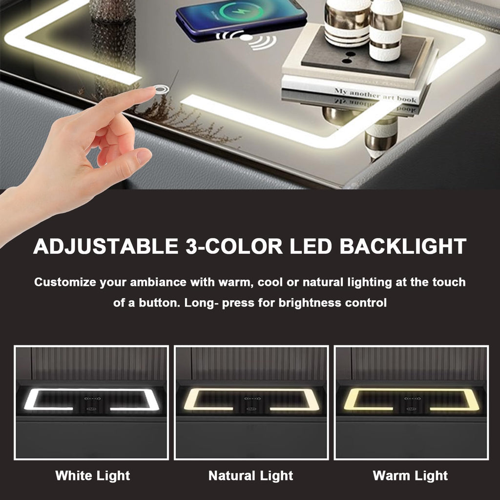 White 3 Drawer Smart Nightstand with Wireless Charging and LED Lights K211
