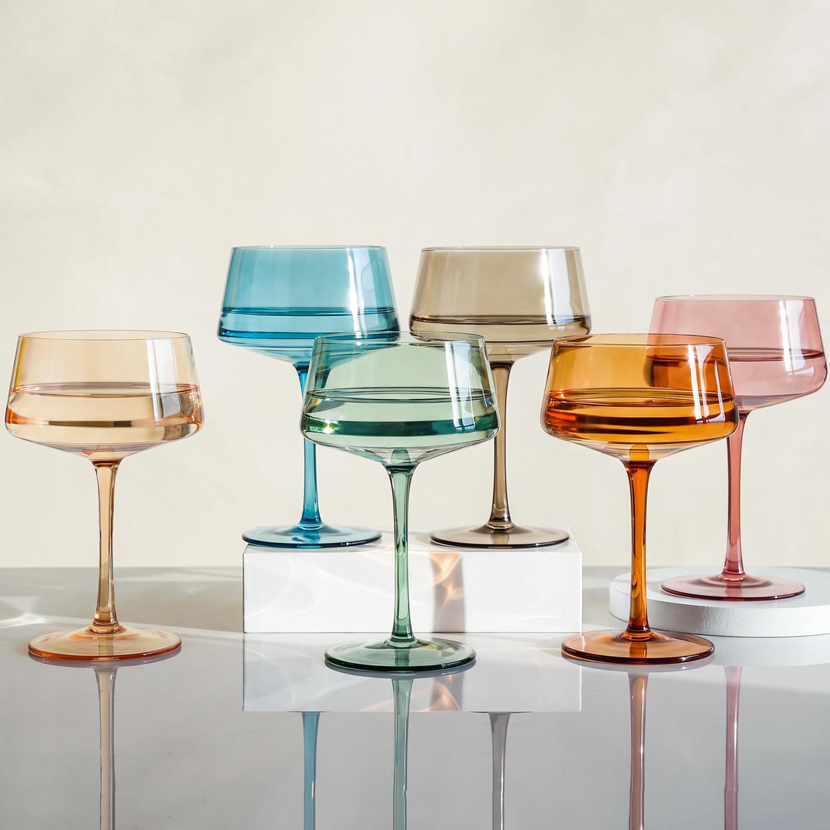 Colored Coupe Glasses Set of 6, Hand Blown 13Oz M882