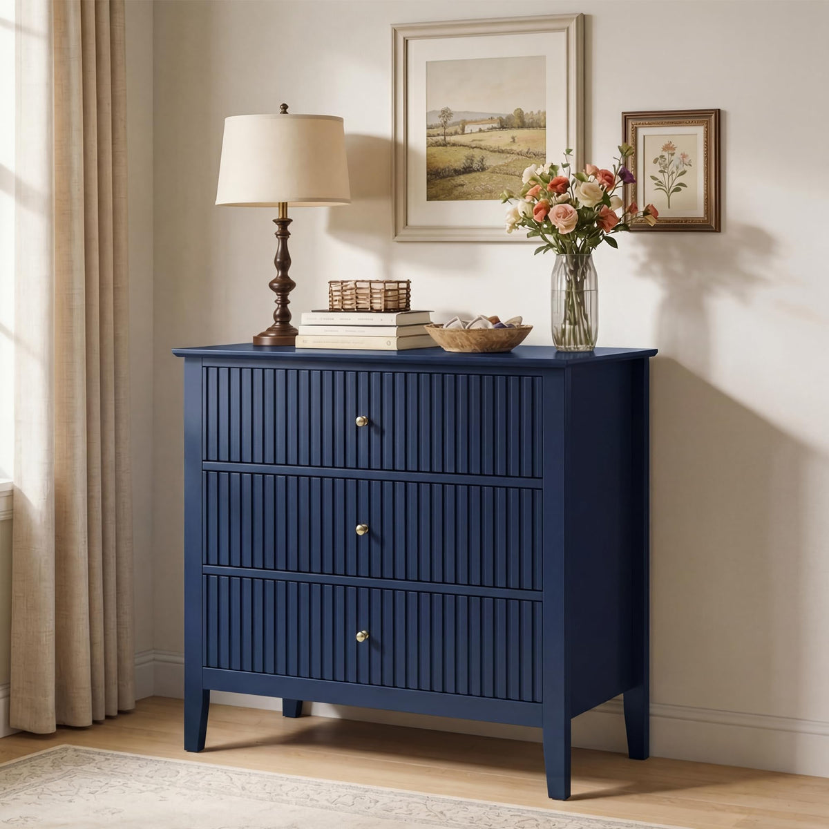 32" Blue 3 Drawer Wood Nightstand E210