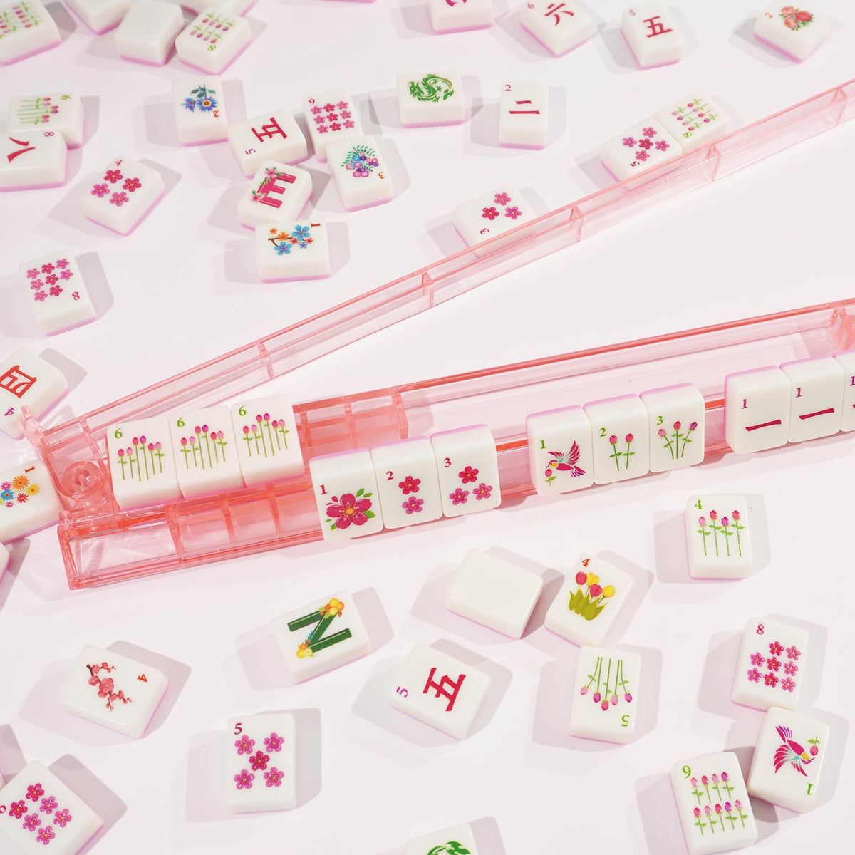 1.2” American Mahjong Set 168 Pink Floral Melamine Tiles Q4234