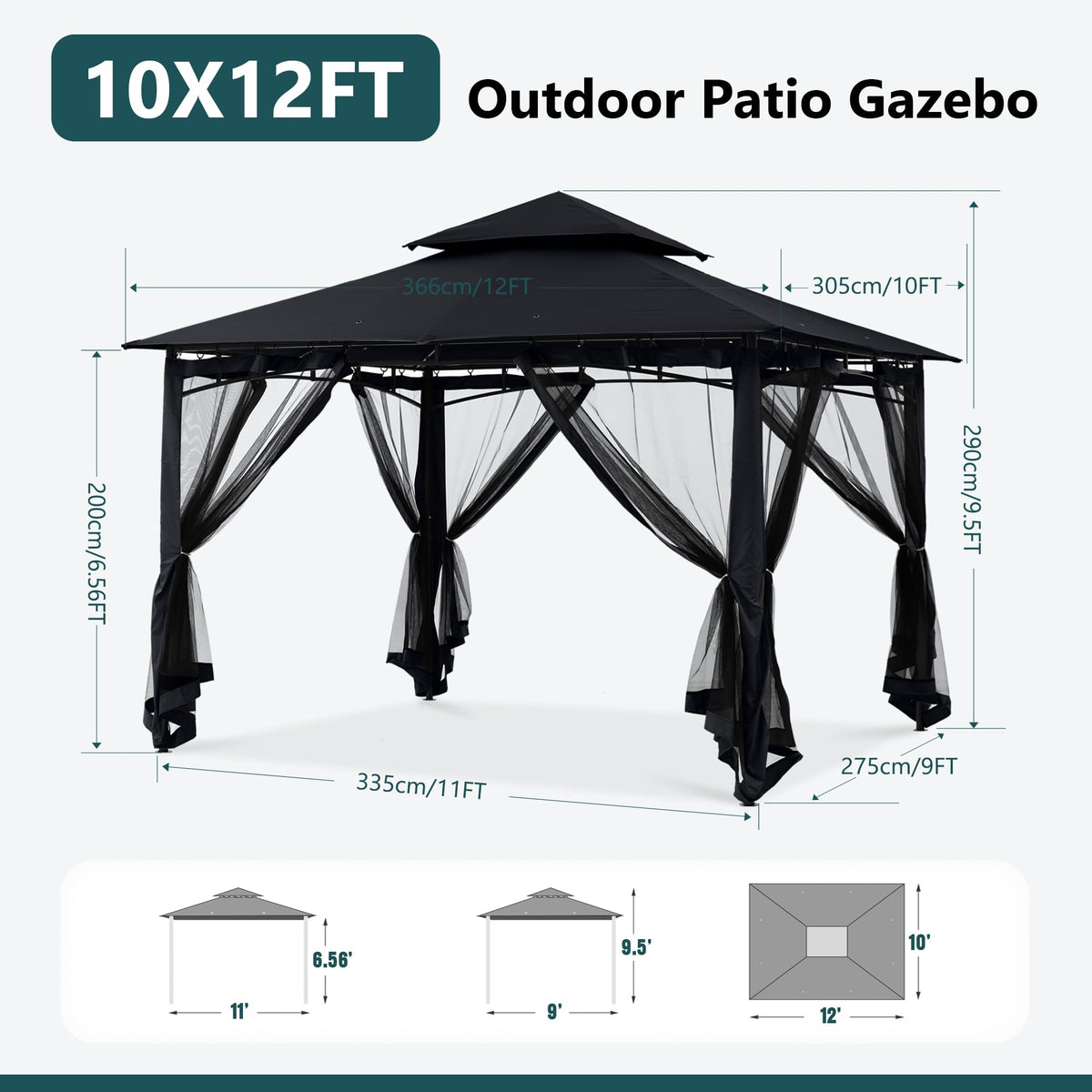 10x12 ft Heavy Duty Patio Gazebo with Netting Walls U848