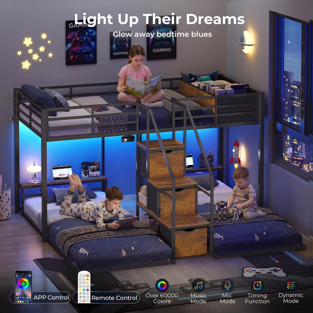 Black Triple Bunk Bed Twin Over Twin with Storage Staircase B379560