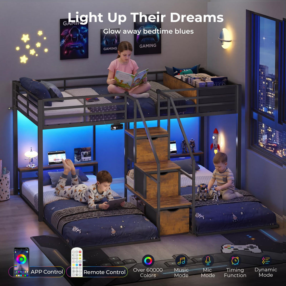 Black Triple Bunk Bed Twin Over Twin with Storage Staircase B379560