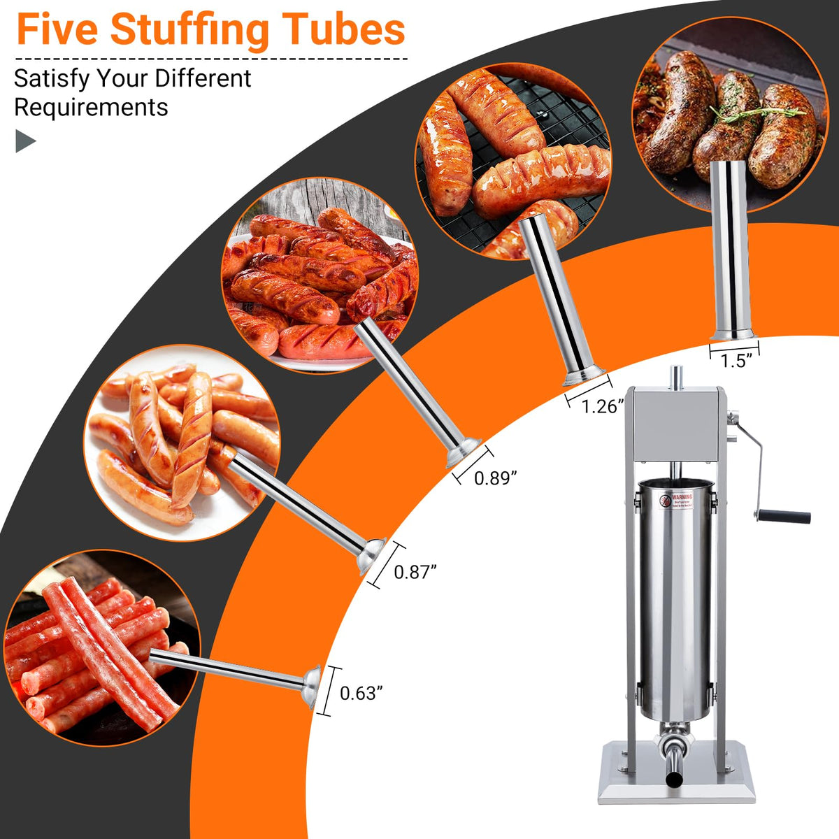 15LBS Stainless Steel Manual Sausage Stuffer with 5 Stuffing Tubes P1366