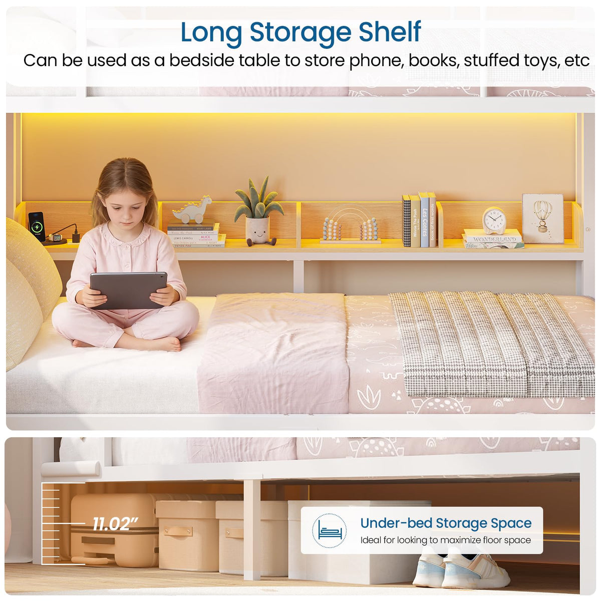 Twin Over Twin Bunk Bed with 6 Storage Drawers, Shelves, LED Lights and Ladder P509