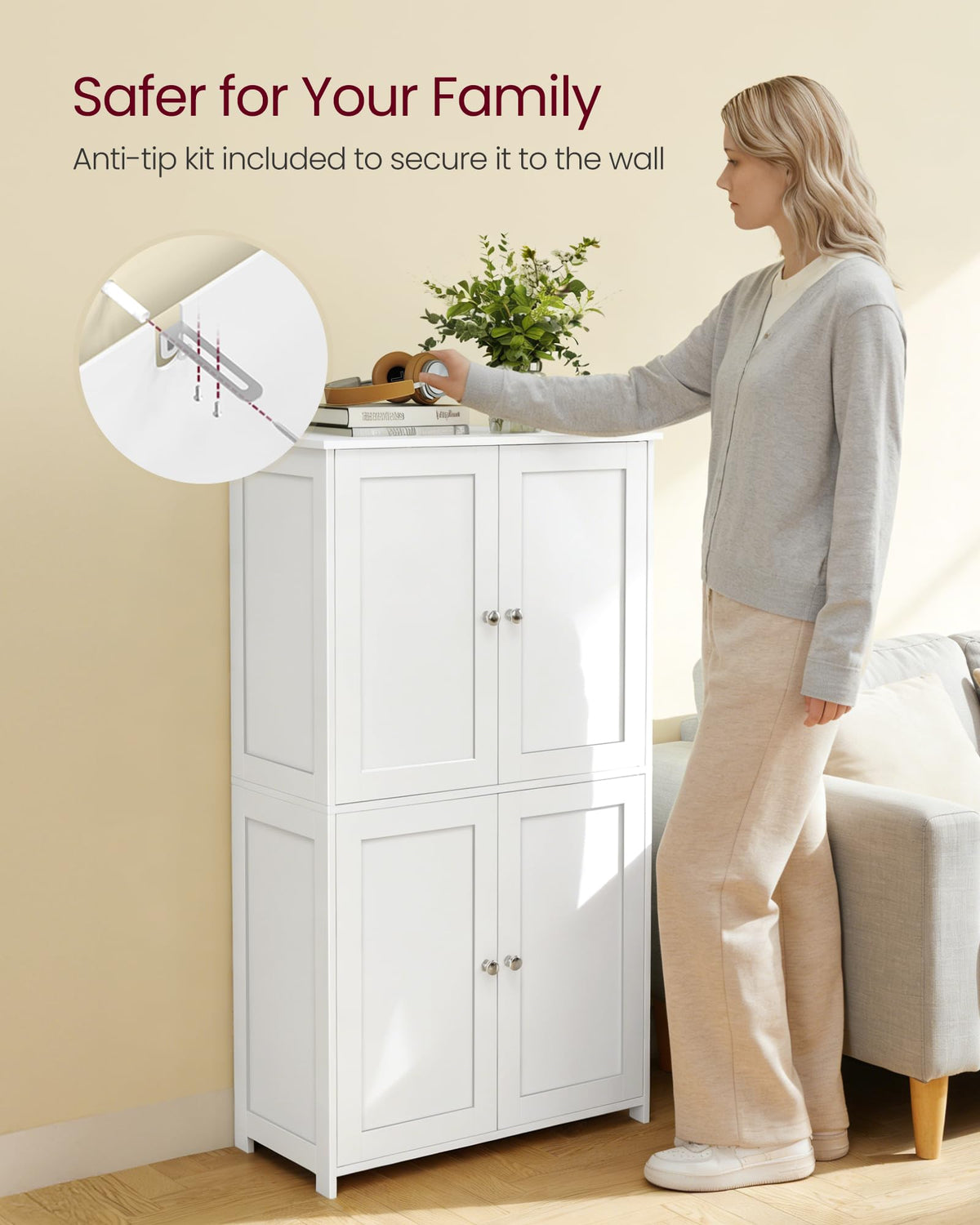 Floor Storage Cabinet with 2 Adjustable Shelves and 4 Doors P403343
