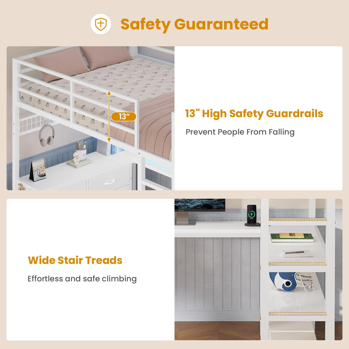 Full Size Loft Bed with U-Shaped Desk and 6 Storage Drawers K129723