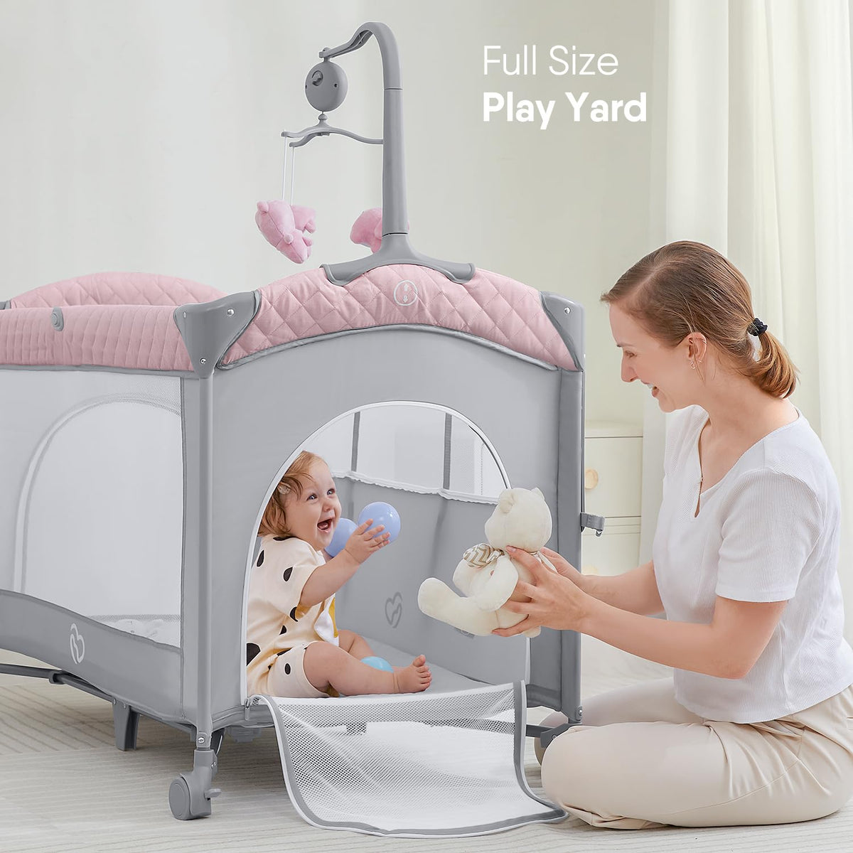 Pink Baby Bassinet Bedside Crib with Mattress M7282
