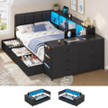 Twin Corner Bed with 6 Storage Dressers, 3 Drawers & Bookcase, Charging Station and LED Light, Desk, Upholstered Headboard, Black M9753