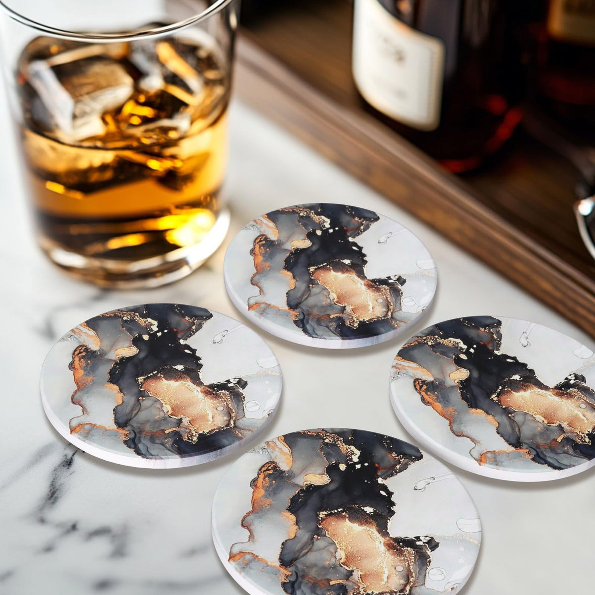 Black Marble Abstract Ceramic Coasters with Holder N791