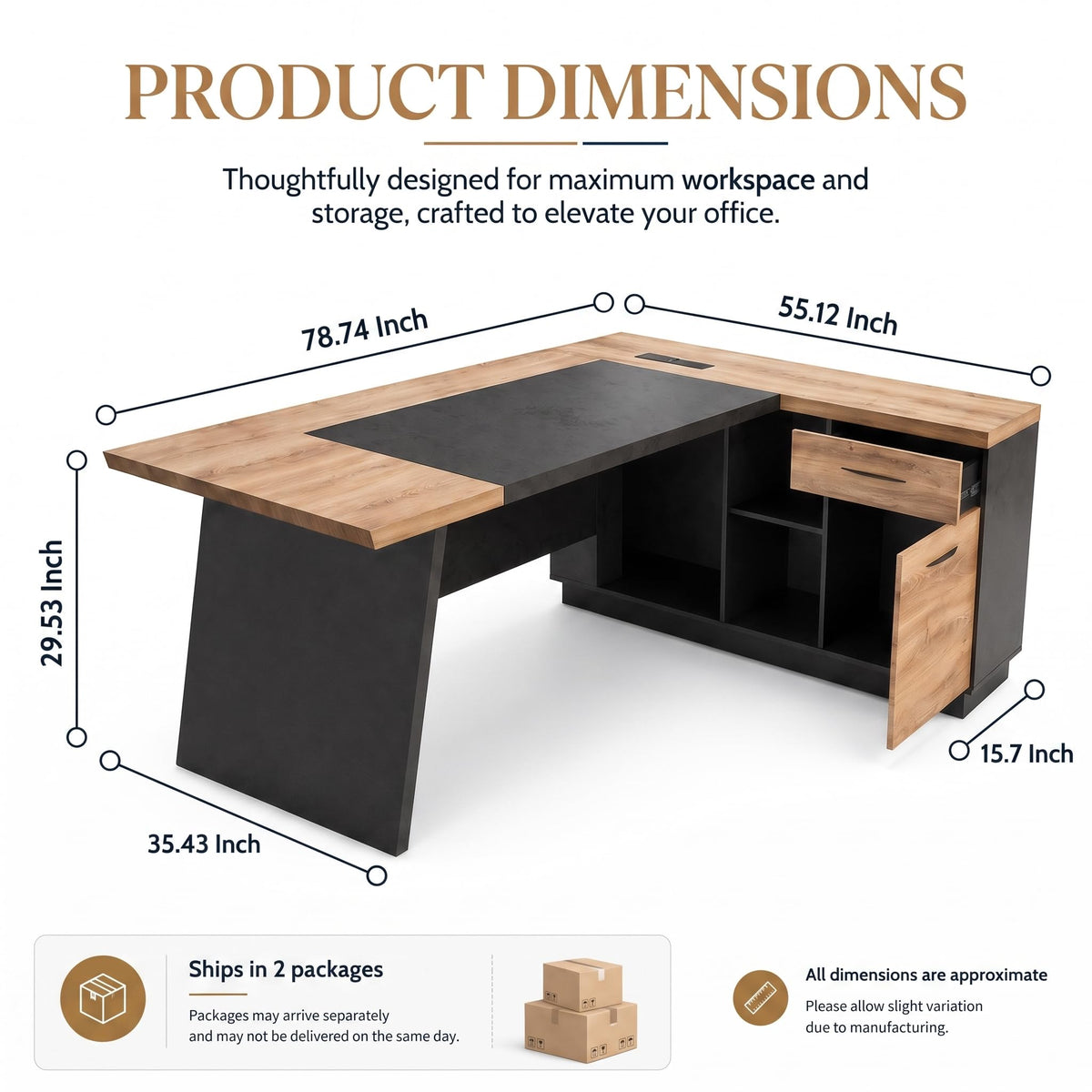 Black and Wood L Shape Executive Desk with Drawers and Shelves N78078