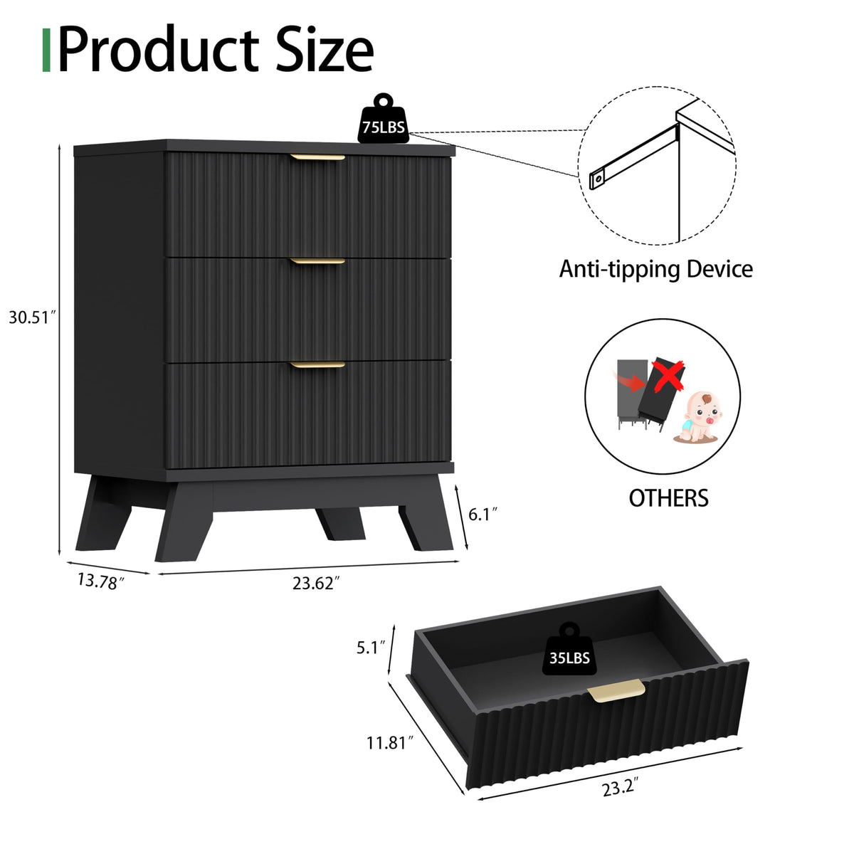 Black 3 Drawer Fluted Nightstand K706418