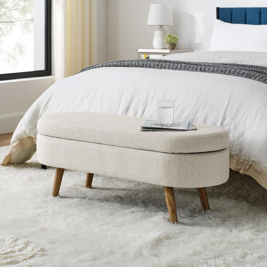 Beige Oval Storage Ottoman Bench with Rubber Wood Legs C275702