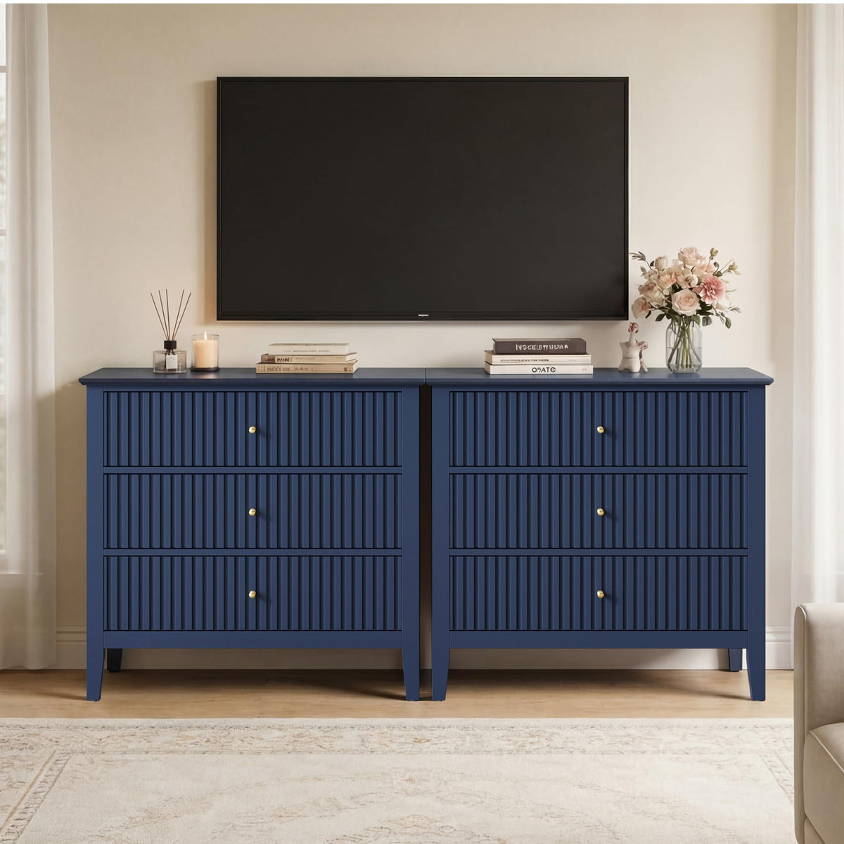 32" Blue 3 Drawer Wood Nightstand E210