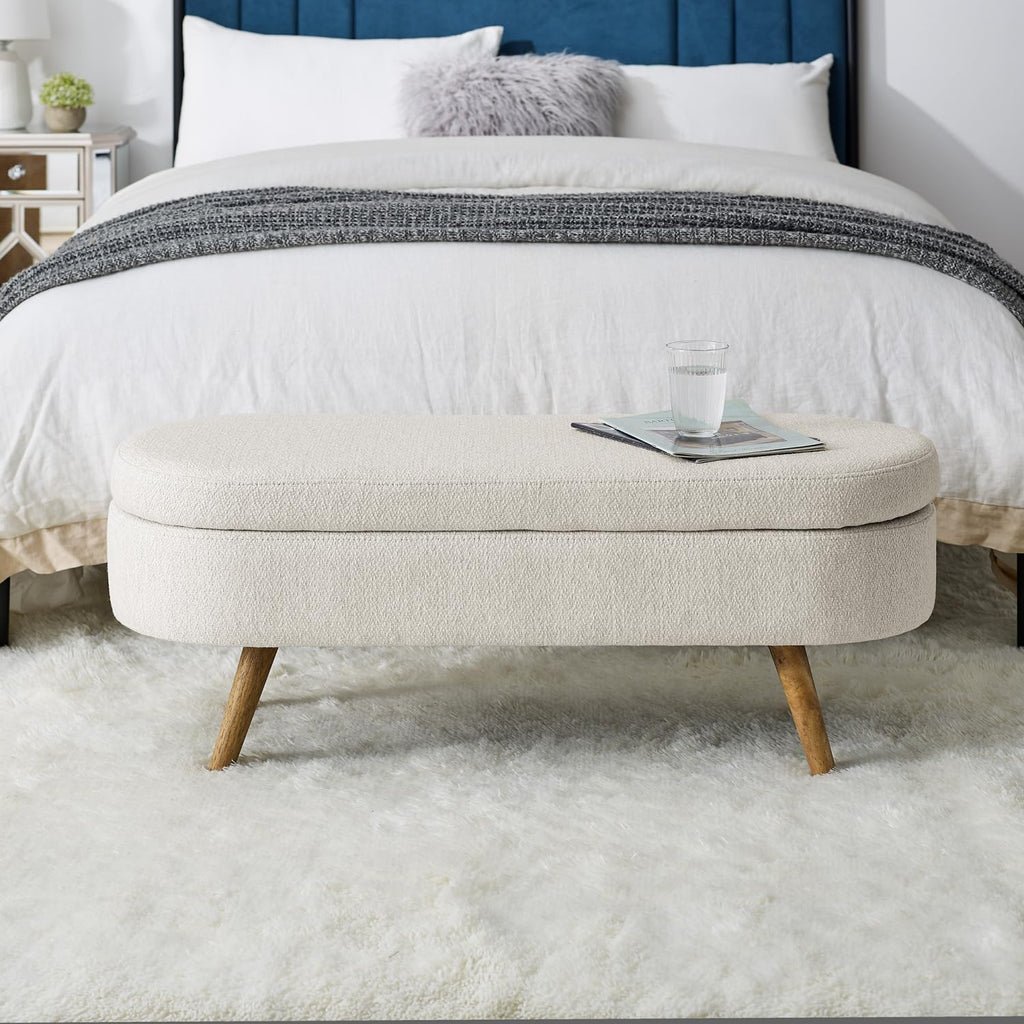 Beige Oval Storage Ottoman Bench with Rubber Wood Legs C275702