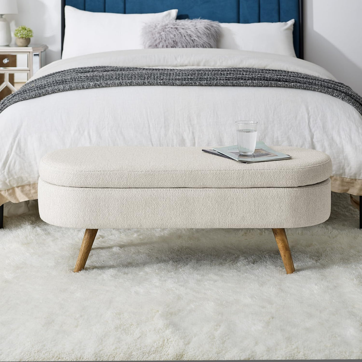 Beige Oval Storage Ottoman Bench with Rubber Wood Legs C275702