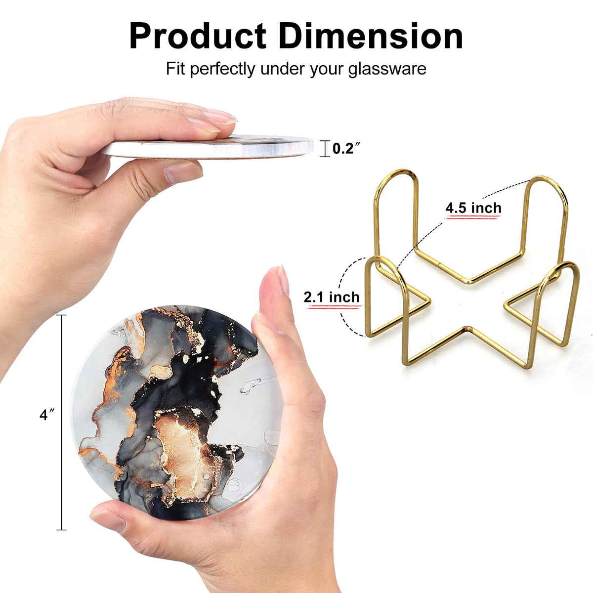 Black Marble Abstract Ceramic Coasters with Holder N791