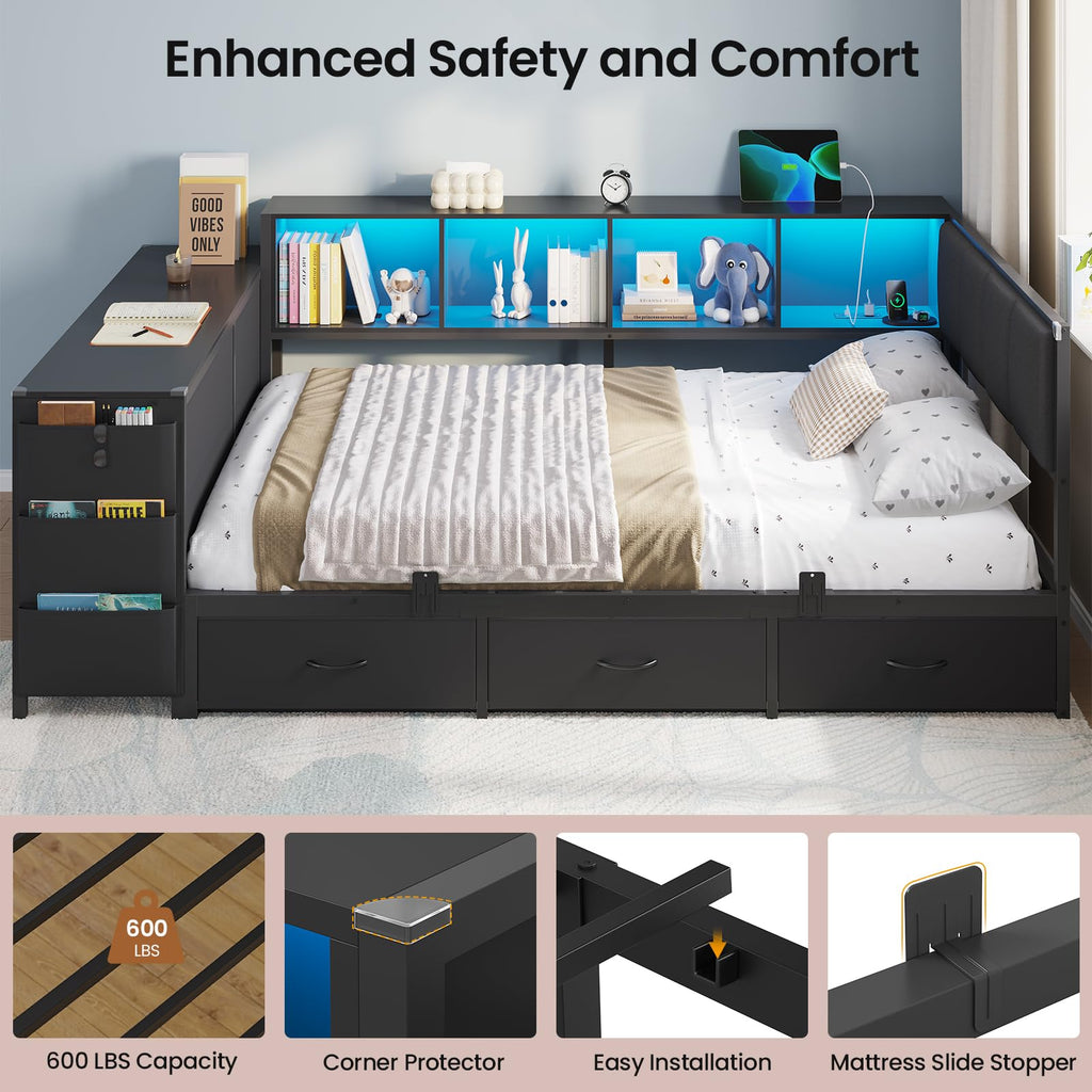 Twin Corner Bed with 6 Storage Dressers, 3 Drawers & Bookcase, Charging Station and LED Light, Desk, Upholstered Headboard, Black M9753